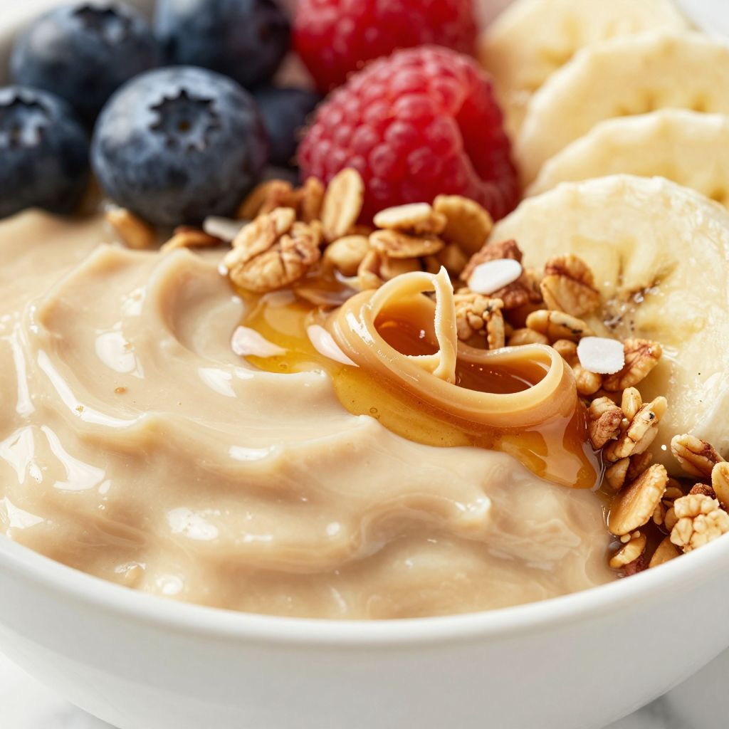 Blended oats in a bowl with toppings