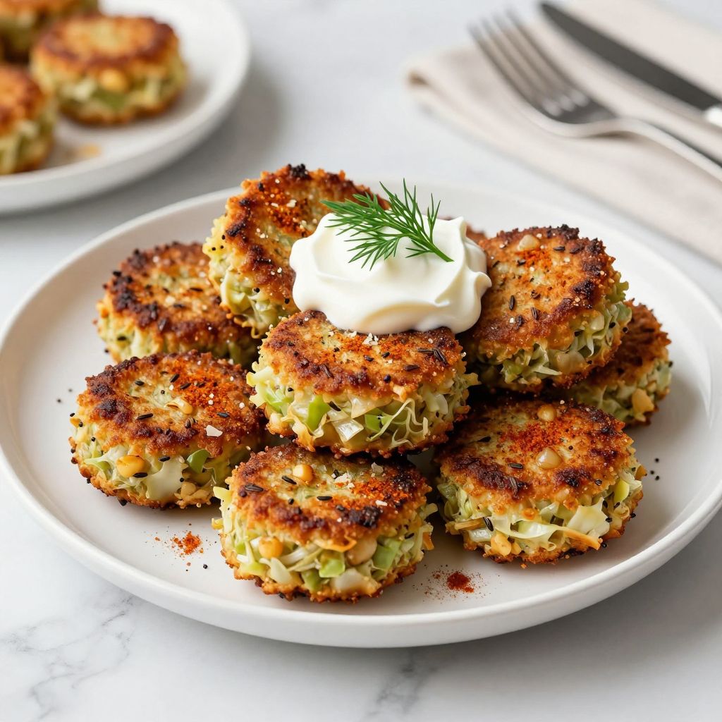 Plated cabbage patties with dipping sauce