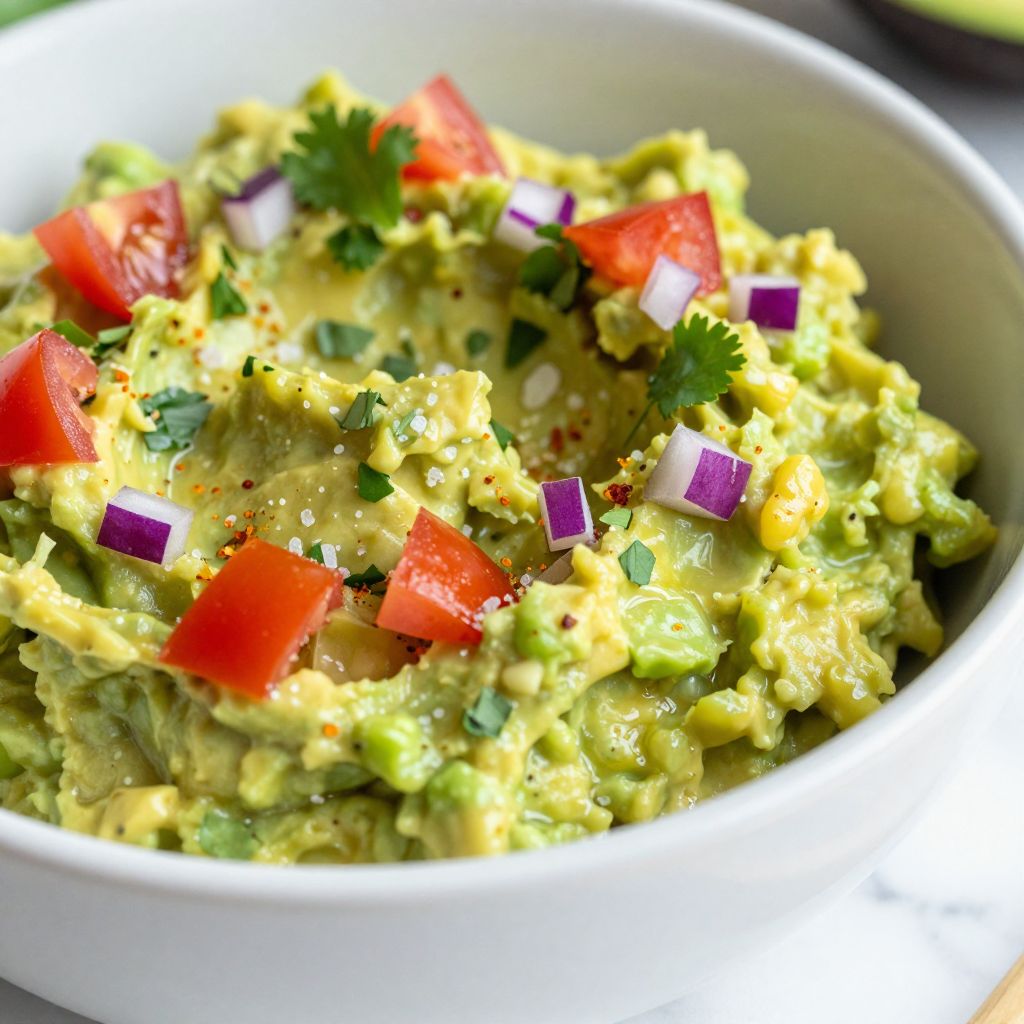 Chunky guacamole in a bowl with fresh ingredients