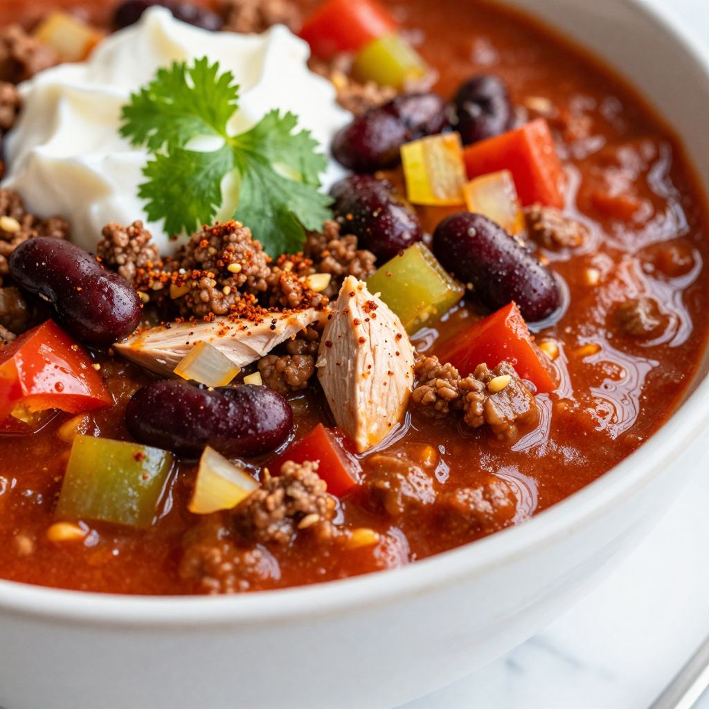High protein chili simmering in dutch oven