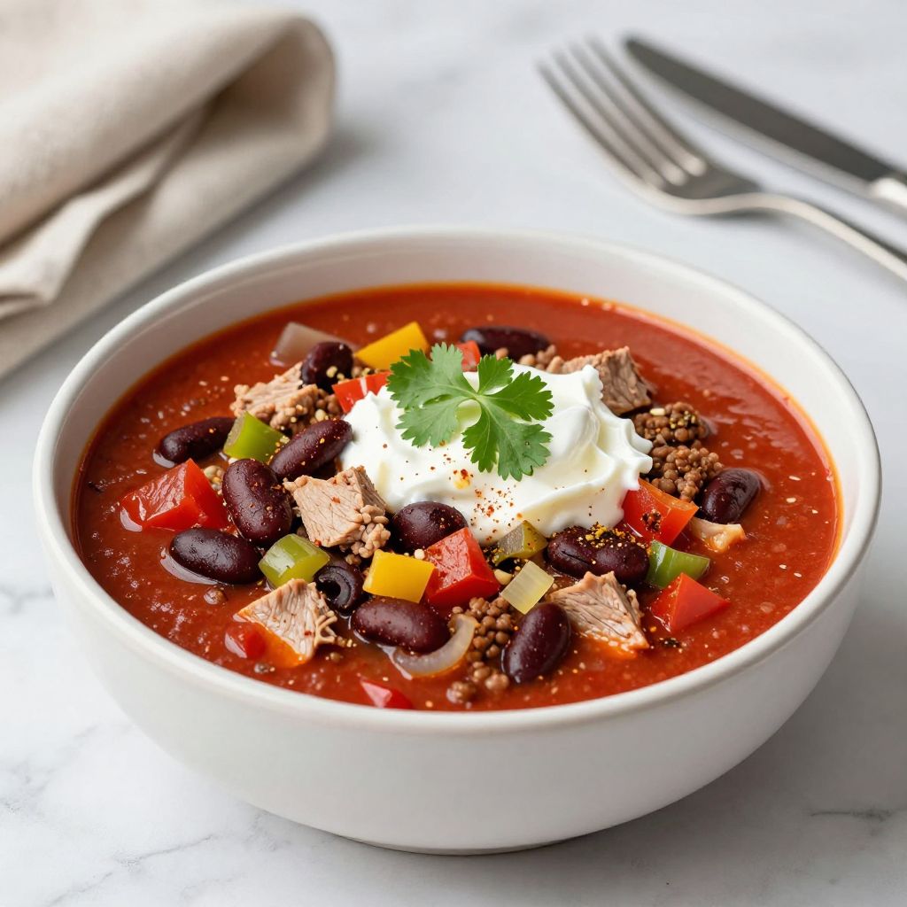 Bowl of high protein chili topped with cheese and cilantro
