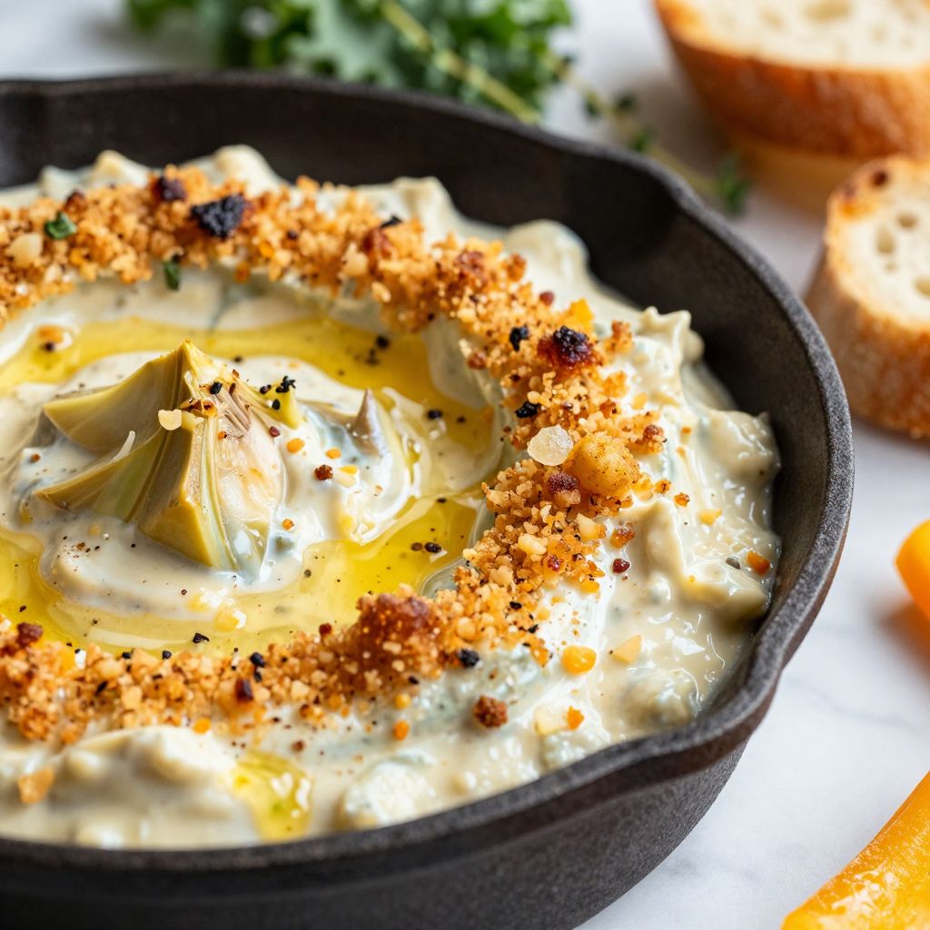 Hot artichoke dip baking in dish