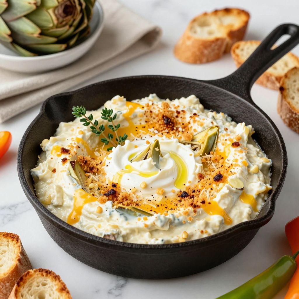 Ready baked hot artichoke dip on serving plate