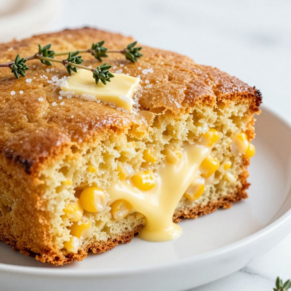 Freshly baked Jiffy cornbread with creamed corn in a cast iron skillet