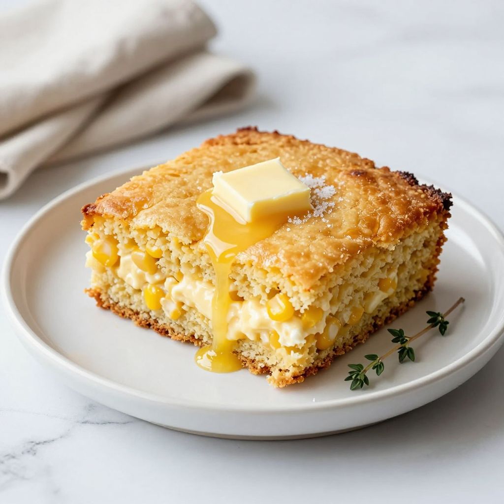 Squares of Jiffy cornbread with creamed corn on a serving board
