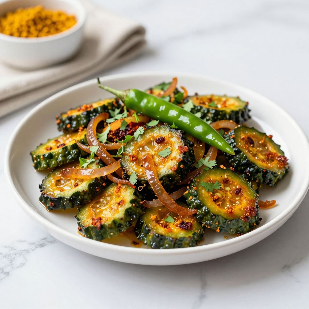 Karela sabzi served with roti