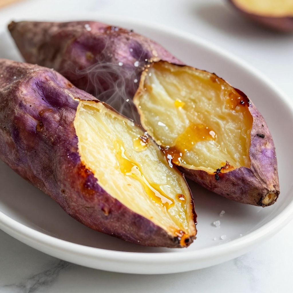 Korean sweet potatoes cooling on a baking sheet