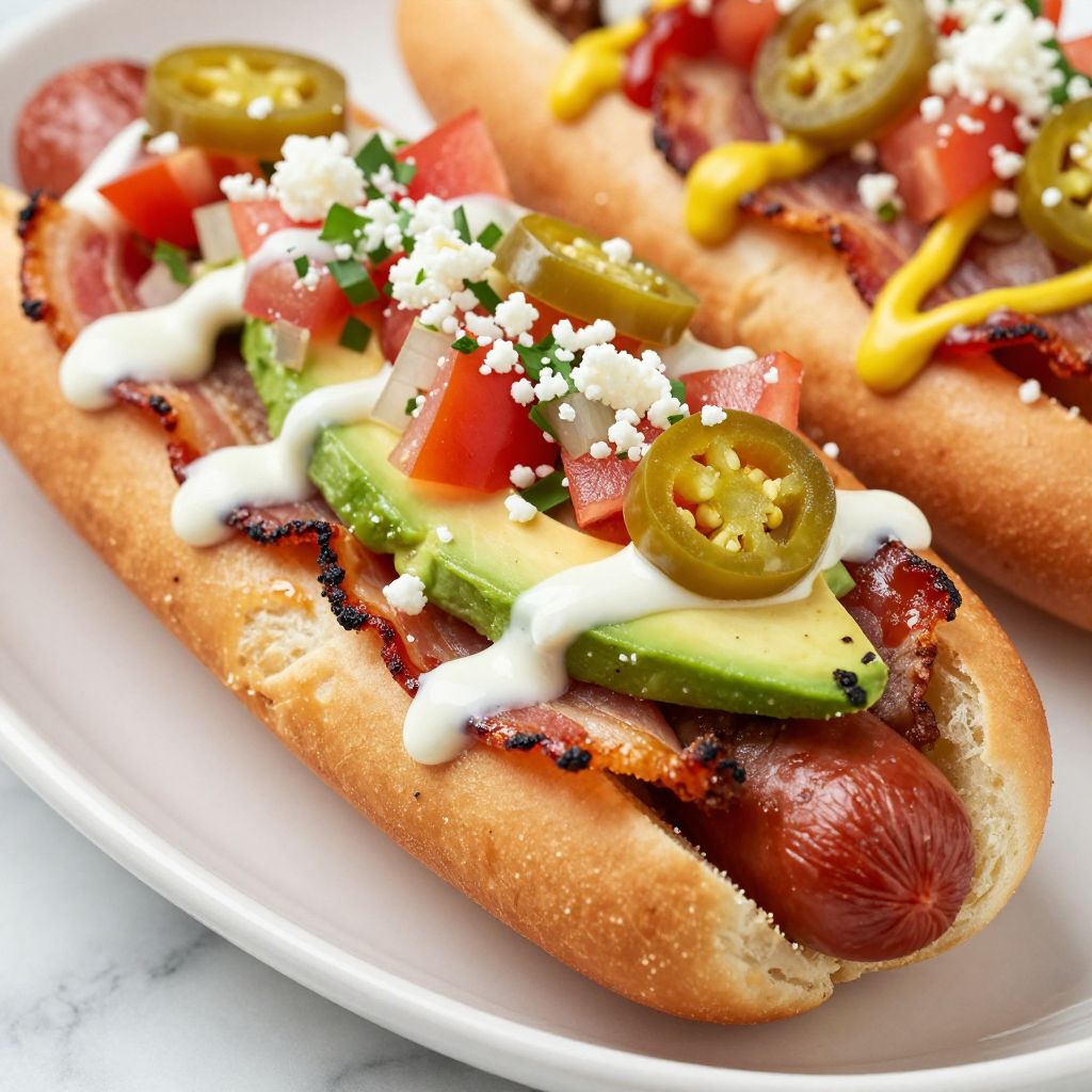 Platter of bacon wrapped Mexican hot dogs with toppings