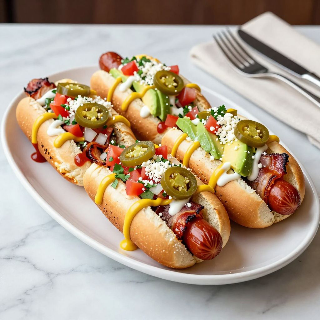 Close up of a fully assembled Mexican hot dog with toppings