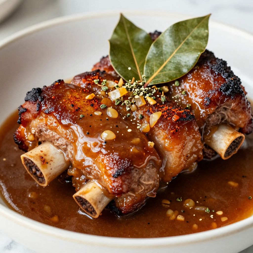Tender pork neckbones simmering in Dutch oven