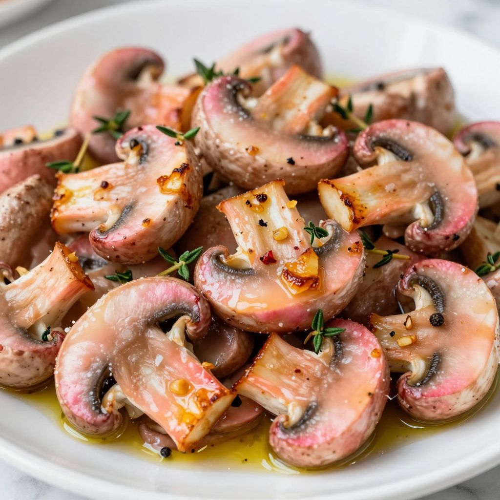Sauteed pink oyster mushrooms in pan