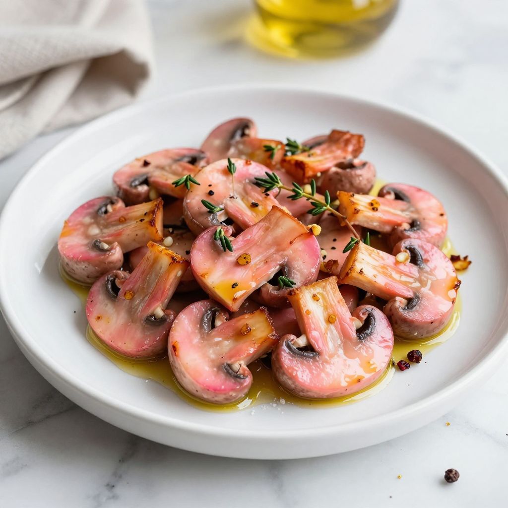 Prepared pink oyster mushrooms plated