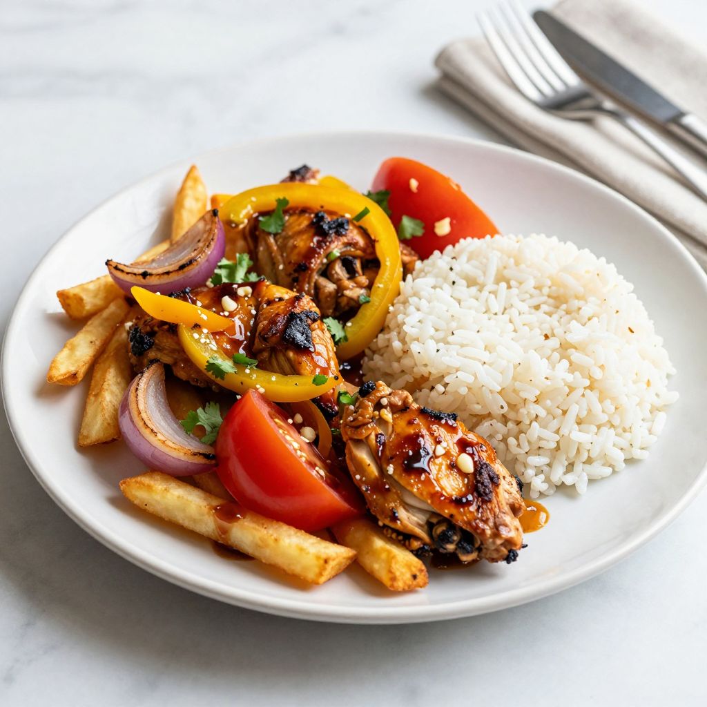 Serving of pollo saltado with rice and fries