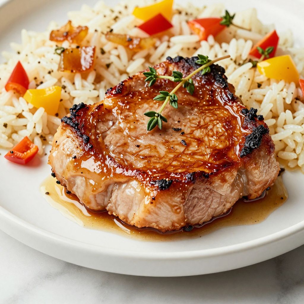 Pork chops and rice cooking image