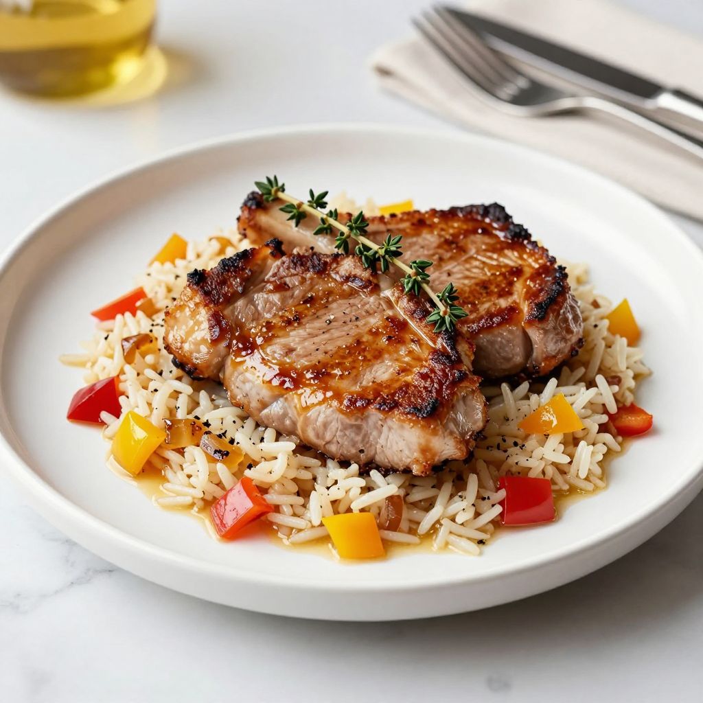 Finished pork chops and rice dish
